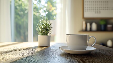A white coffee cup sits on a wooden table near a window