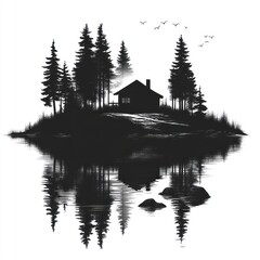 Silhouette cabin on island, trees reflected in water.
