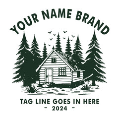 Obraz premium small logo cabin in the middle of the forest surrounded by pine trees Rough lines with minimalist details give an old and authentic look