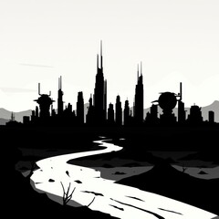 Naklejka premium A futuristic city skyline with towering structures amidst a desolate landscape. skyline silhouette. cityscape illustration architecture city 