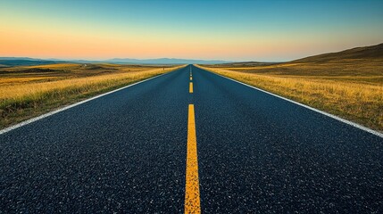 An isolated aerial photograph of a straight asphalt road against a clear backdrop