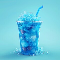 Blue raspberry slushie in a clear cup, blue color with crushed ice and straw, summer vibes.