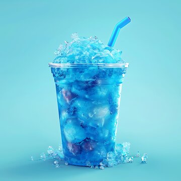 Blue raspberry slushie in a clear cup, blue color with crushed ice and straw, summer vibes.