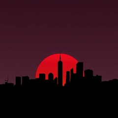 Naklejka premium Silhouette of a city skyline at sunset with a red and blue gradient effect. skyline silhouette. cityscape illustration architecture city 