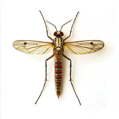 Full-body, realistic photograph of a mosquito, isolated on a white background.