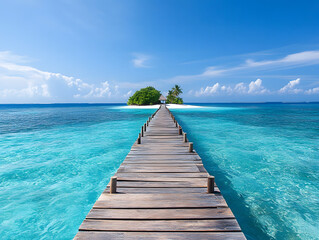 Obraz premium A wooden bridge leading to an island in the middle of a clear blue sea with a beautiful sky