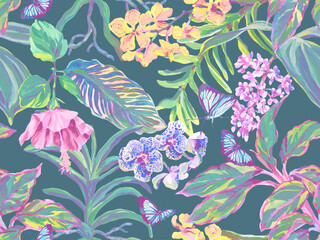 Tropical seamless pattern with orchid, hibiscus flowers, leaves and butterflies. Botanical print drawn in gouache with tropical plants in vintage style