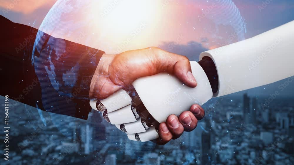 Poster 3d rendering hominoid robot handshake to collaborate future technology development by ai thinking br