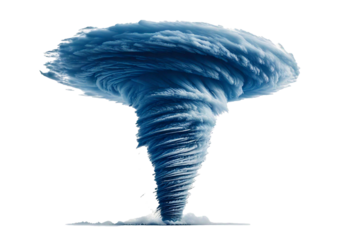 Powerful tornado funnel cloud in motion isolated on a transparent or white background