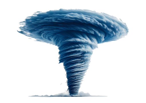 Powerful tornado funnel cloud in motion isolated on a transparent or white background