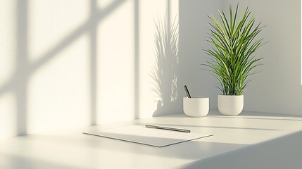 Fototapeta premium Minimalist Workspace Scene With Plant And Notepad