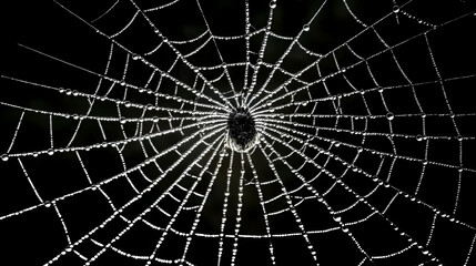 A tight shot of a spider's web with dewdrops on the silken threads. Silken. Illustration