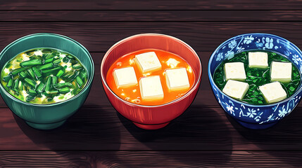 A vibrant display of four bowls of miso soup, each featuring fresh greens, silken tofu, and flavorful broth, showcasing the variety of this classic dish. Silken. Illustration