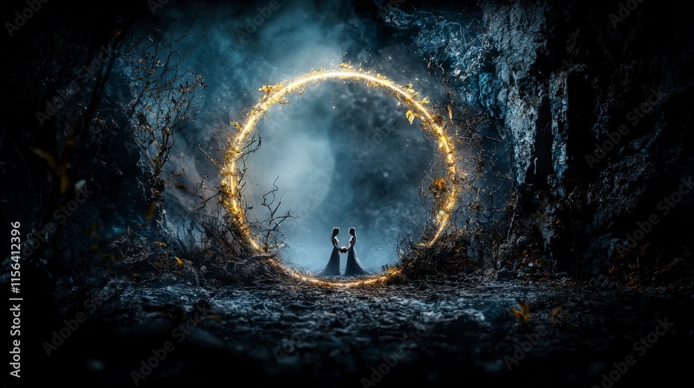 Aufkleber a circle of light embracing two figures in a mystical forest captivating digital art dramatic atmosp
