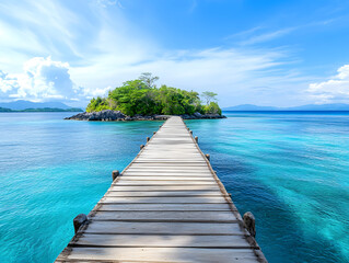 Obraz premium A wooden bridge leading to an island in the middle of a clear blue sea with a beautiful sky