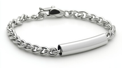 A shiny silver chain bracelet featuring a smooth, engraved bar for personalization, showcasing modern elegance and style.