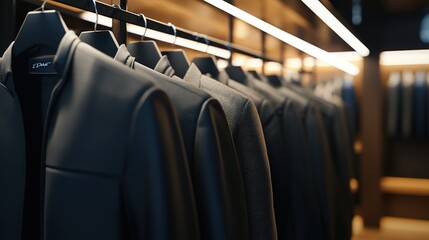 Obraz premium A minimalist arrangement of monochrome jackets hanging in an upscale, modern boutique