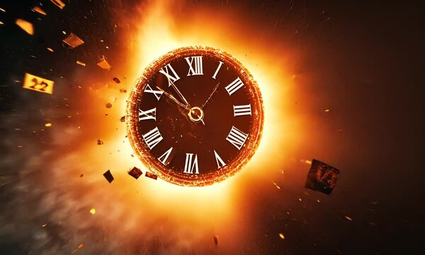 A fiery clock explosion symbolizes the passage of time and chaos.