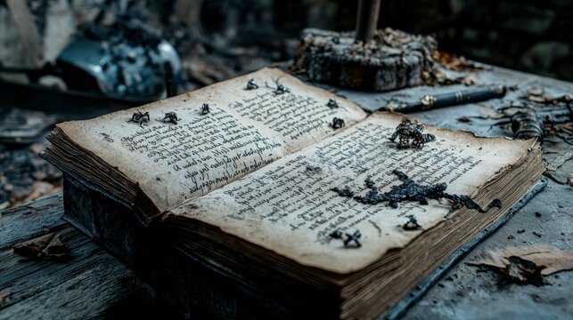 Mysterious ancient manuscript abandoned library documented artifact dusty environment close-up view cryptic knowledge