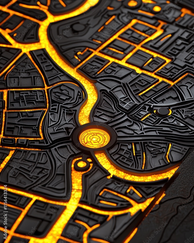 Poster detailed map design with glowing elements and intricate patterns