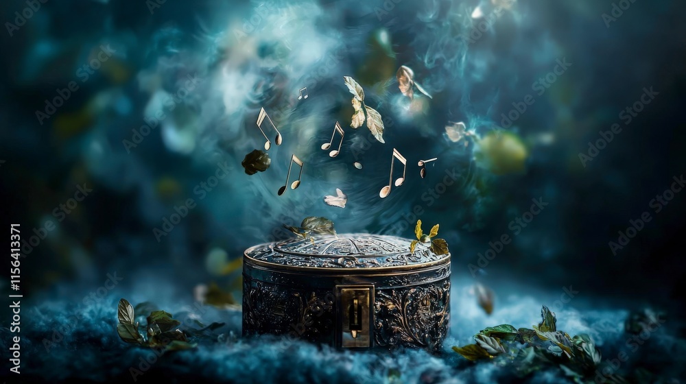 Poster enchanting spinning music box with floating notes dreamy atmosphere artistic photography whimsical v