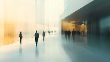 Blurred office building lobby with people walking in a modern corporate environment intentionally blurred background with clean minimalist design and architecture. Silken. Illustration