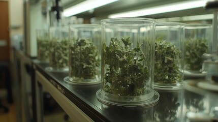 Glass jars with plant specimens inside, arranged on a shelf under artificial light, indicating a laboratory or research setting.