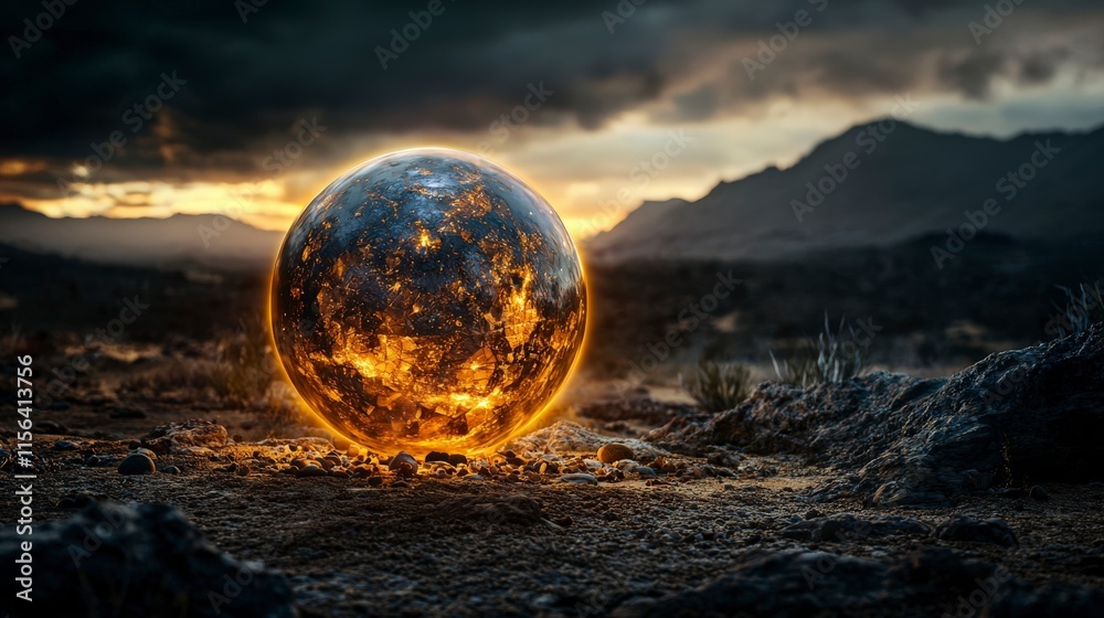 Poster unique perspective on a glowing sphere rolling across the desert collecting fragments in a dramatic 