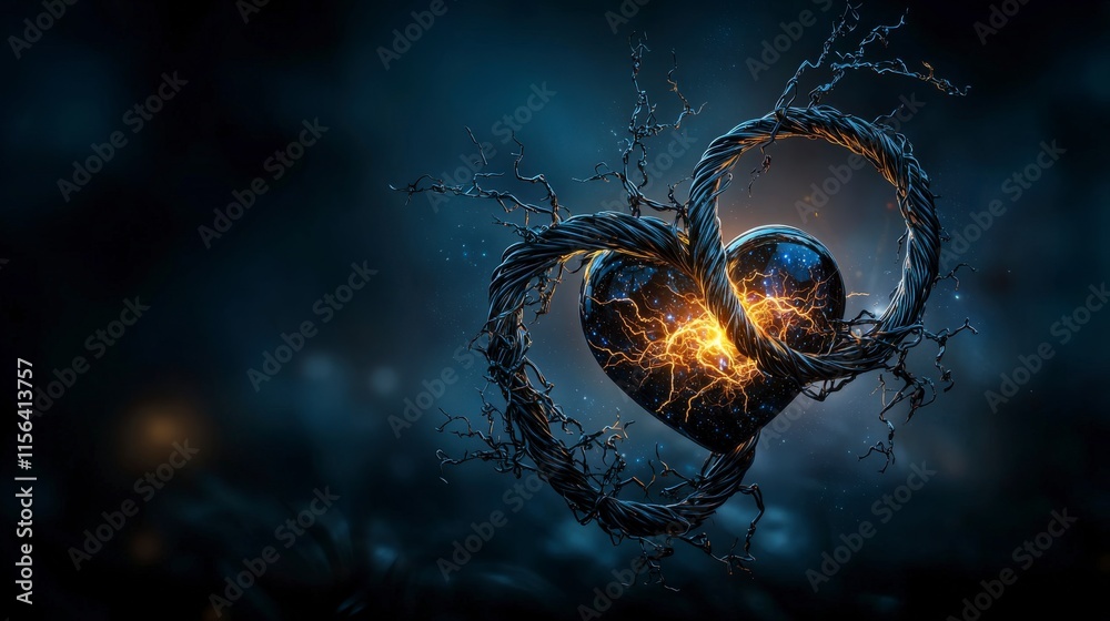 Poster twisting vine embracing heart symbol in dark environment abstract art concept emotional visual repre