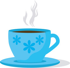 Illustration of a steaming blue tea cup with floral patterns on a matching saucer, perfect for themes related to beverages, relaxation, or cozy moments.