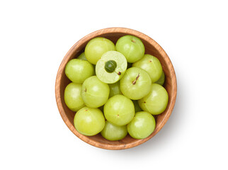 Fresh amla or indian gooseberry in wooden bowl isolated on white background. Clipping path.