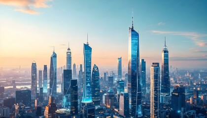 Fototapeta premium Ultramodern city skyline at dawn with glowing holographic details and serene skies background