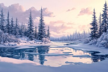 A tranquil view of a frozen river with patches of open water, mirroring the snow-dusted evergreen trees and a pastel-colored winter sky.