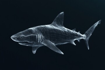 Obraz premium A detailed 3D wireframe model of a shark, highlighting digital design and marine life concepts on a dark backdrop.