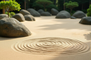 a peaceful Zen garden with intricate patterns, calm sand, and a balanced aesthetic.