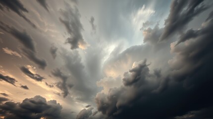 Obraz premium Cloudscape at Sunset: A breathtaking view of the sky at sunset, with a mesmerizing display of clouds in hues of grey, white, and gold. The clouds are arranged in a dramatic and captivating pattern.