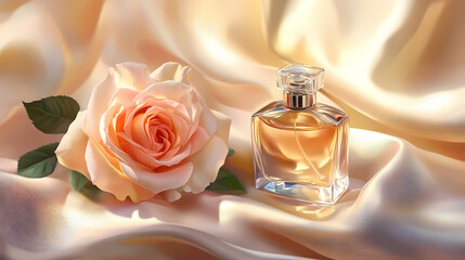 A delicate rose and a shimmering perfume bottle rest upon a silken cloth, bathed in the soft glow of warm, inviting light. Silken. Illustration