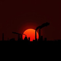 A dramatic industrial skyline silhouetted against a fiery sunset showcasing the impact of pollution with smoke billowing from chimneys. skyline silhouette. cityscape illustration architecture city 