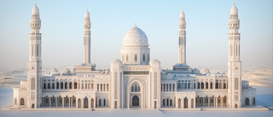 Obraz premium Majestic Mosque Architecture Ornate Facade Minarets Domes Desert Landscape