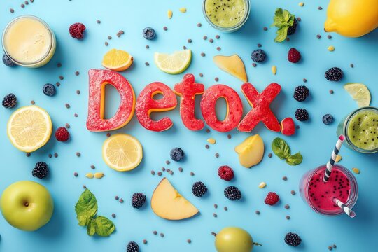 A vibrant and playful take on the word "Detox," with letters made of sliced fruits like lemons, berries, and apples, surrounded by colorful fruit smoothies and scattered seeds.