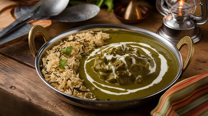 Classic palak paneer in creamy spinach gravy, garnished with cream and coriander leaves, served with jeera rice on wooden table