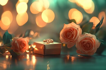 Fototapeta premium romantic scene with roses and delicate gold ring on gift box, surrounded by warm bokeh lights, creating intimate atmosphere