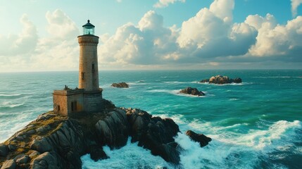 Obraz premium Lighthouse on rocky coast with dramatic ocean waves under cloudy sky.