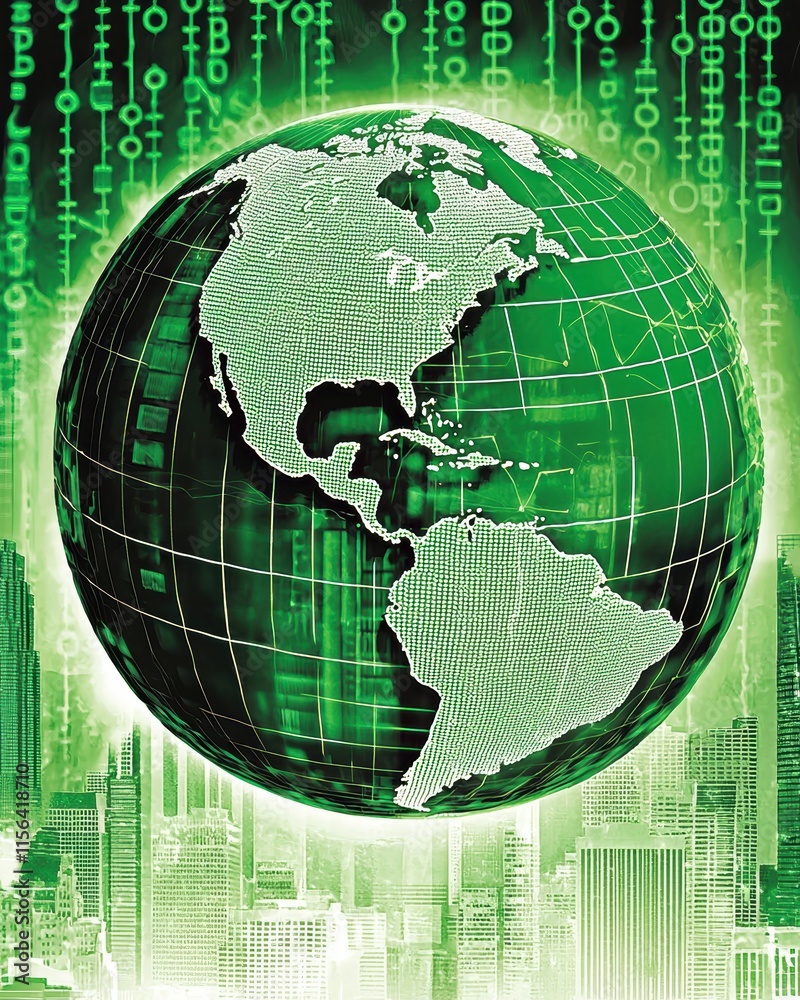 Poster green digital globe with binary code and urban background