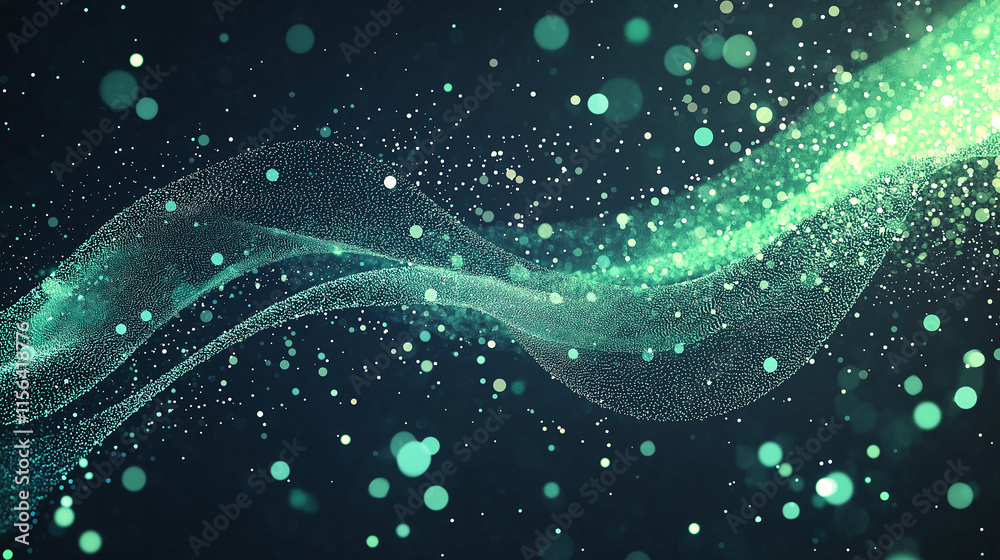 Wall mural emerald flow: abstract teal and green light particles swirl in a mesmerizing wave, creating a dreamy