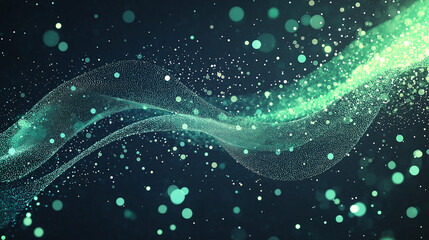 Emerald Flow: Abstract teal and green light particles swirl in a mesmerizing wave, creating a dreamy, ethereal atmosphere. Perfect for backgrounds, presentations.