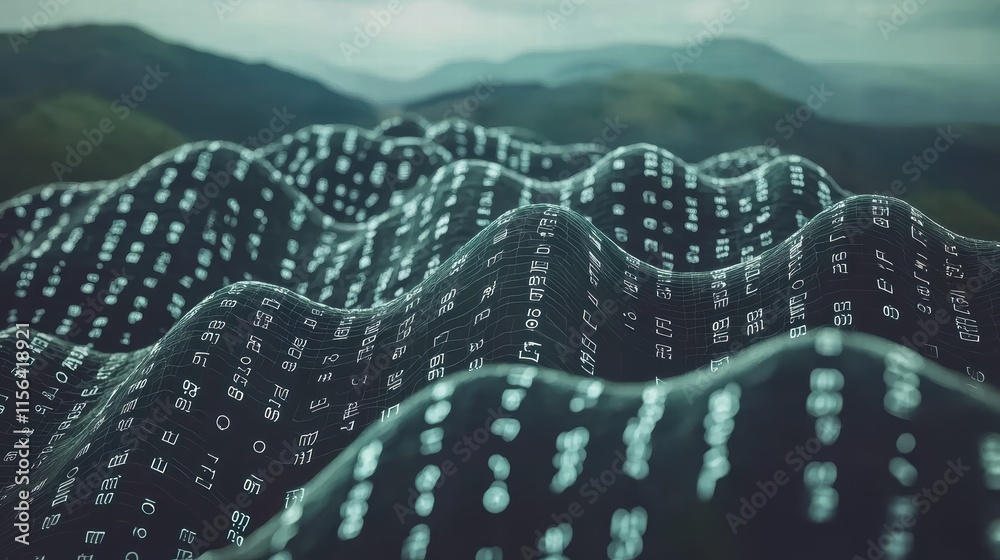 Poster abstract digital landscape with flowing binary code in nature