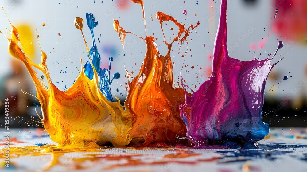 Poster vibrant paint splashes in action art studio photography colorful environment close-up view creative 