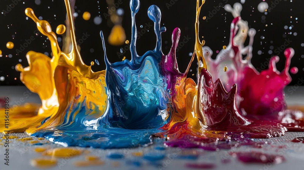 Poster high-resolution photography of vibrant paint splashes capturing artistic expression in studio settin