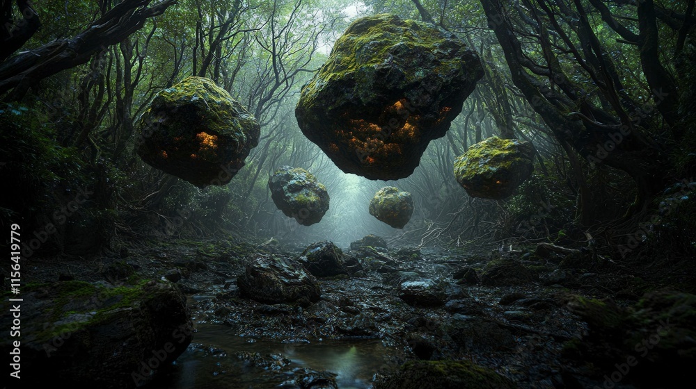 Poster mystical floating stones in lush forest enchanted nature scene ethereal environment dreamlike viewpo